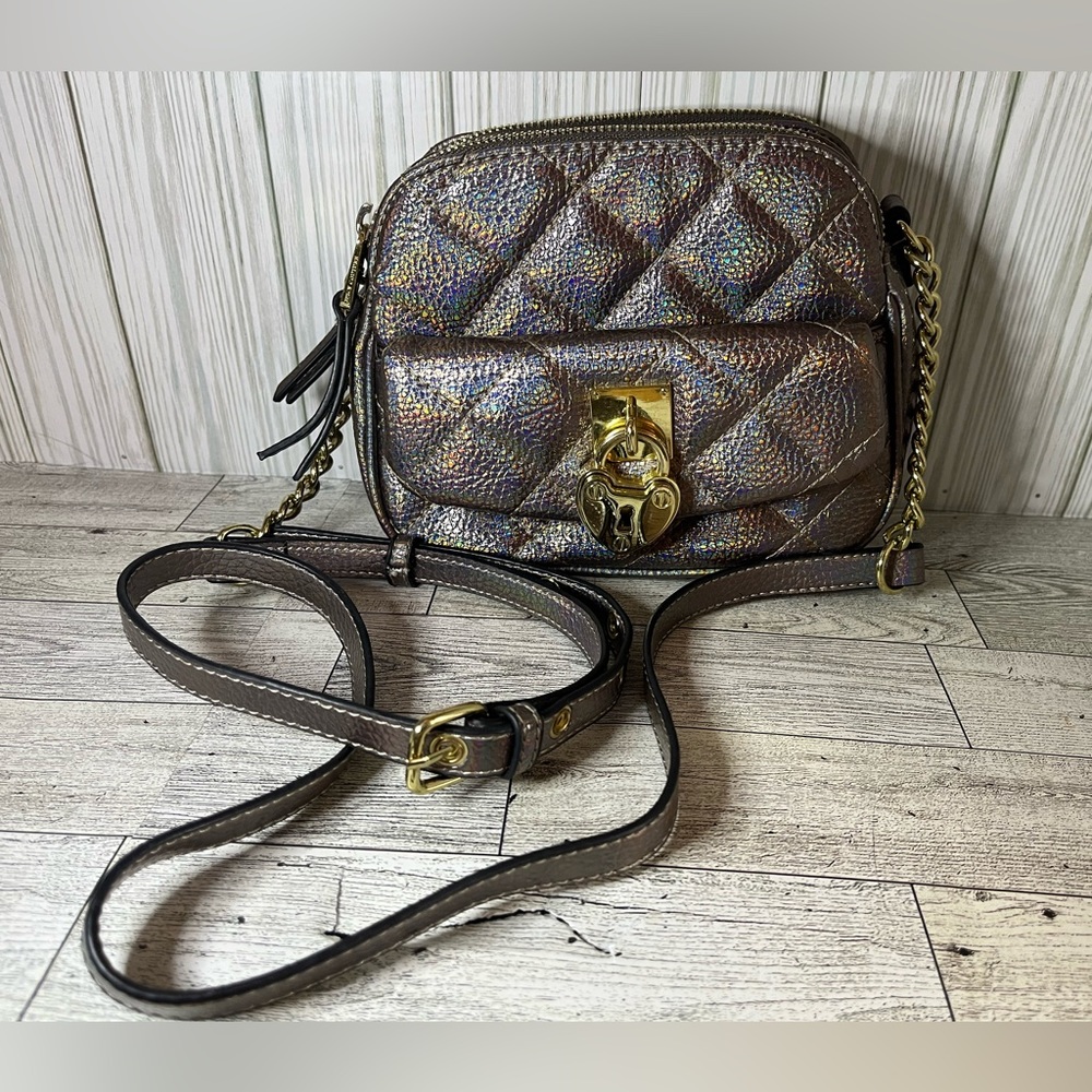 Juicy Couture Irid Pewter Metallic Sheen Double Top Zip Quilted Crossbody Bag